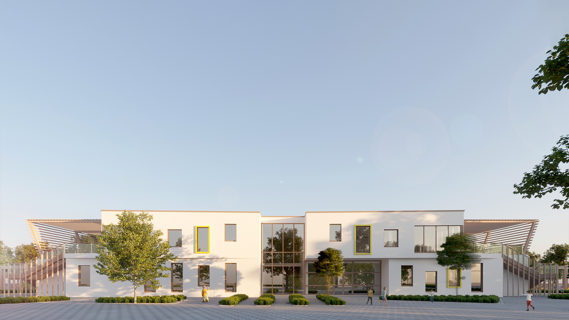 Modern apartment building facade with geometric windows