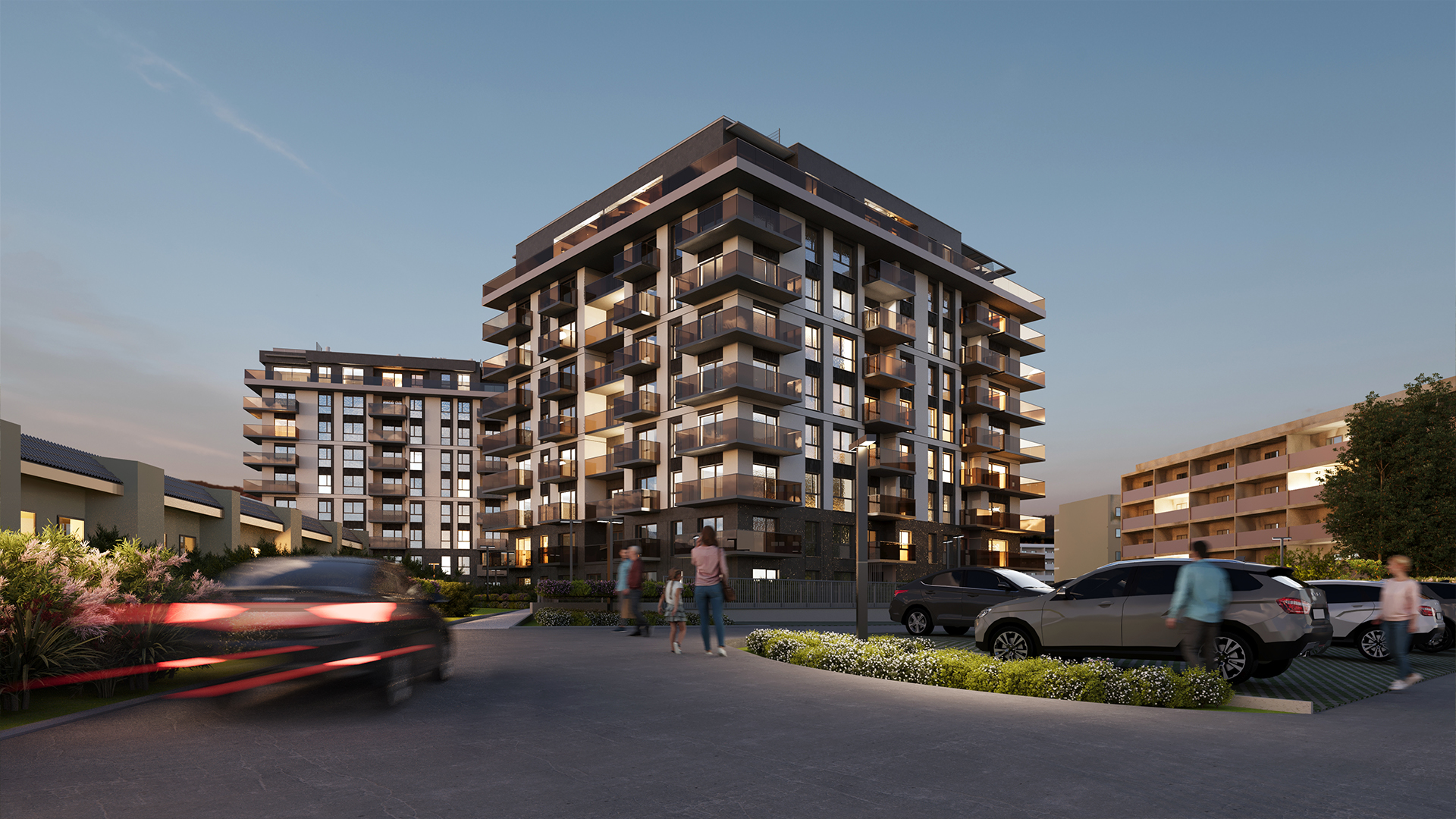 Modern apartment building facade with geometric windows